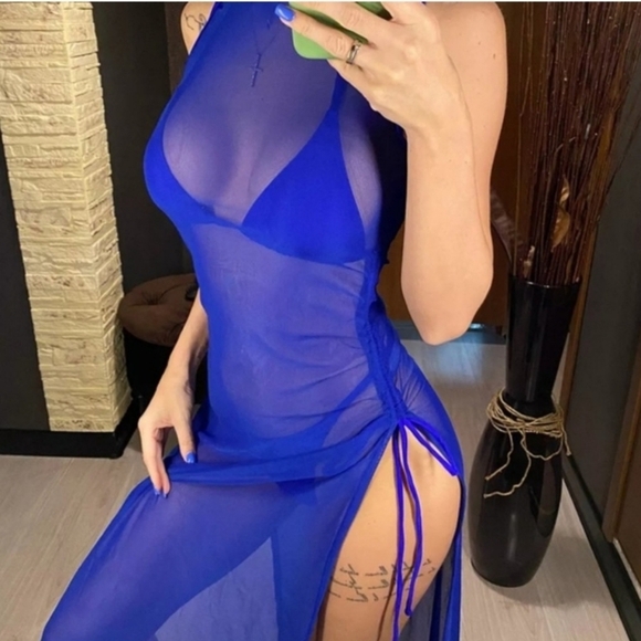 New Royal Blue Triangle Bikini Set with Cover Up Dress Size L - Picture 7 of 8